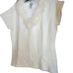 Sarah Spencer NWOT Creamy White Short Sleeve Sweater trimmed with Rabbit  Hair